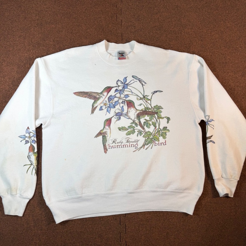 Fruit of the Loom Hummingbird Sweatshirt Women XL White Graphic Vintage 90s USA
